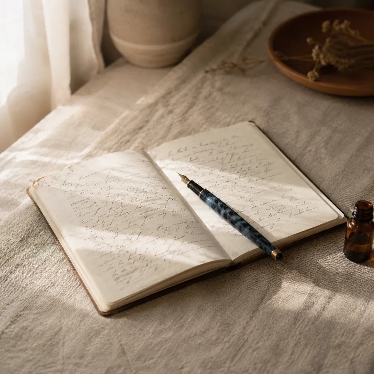 A notebook of handwritten case notes with a fountain pen and a small amber vial