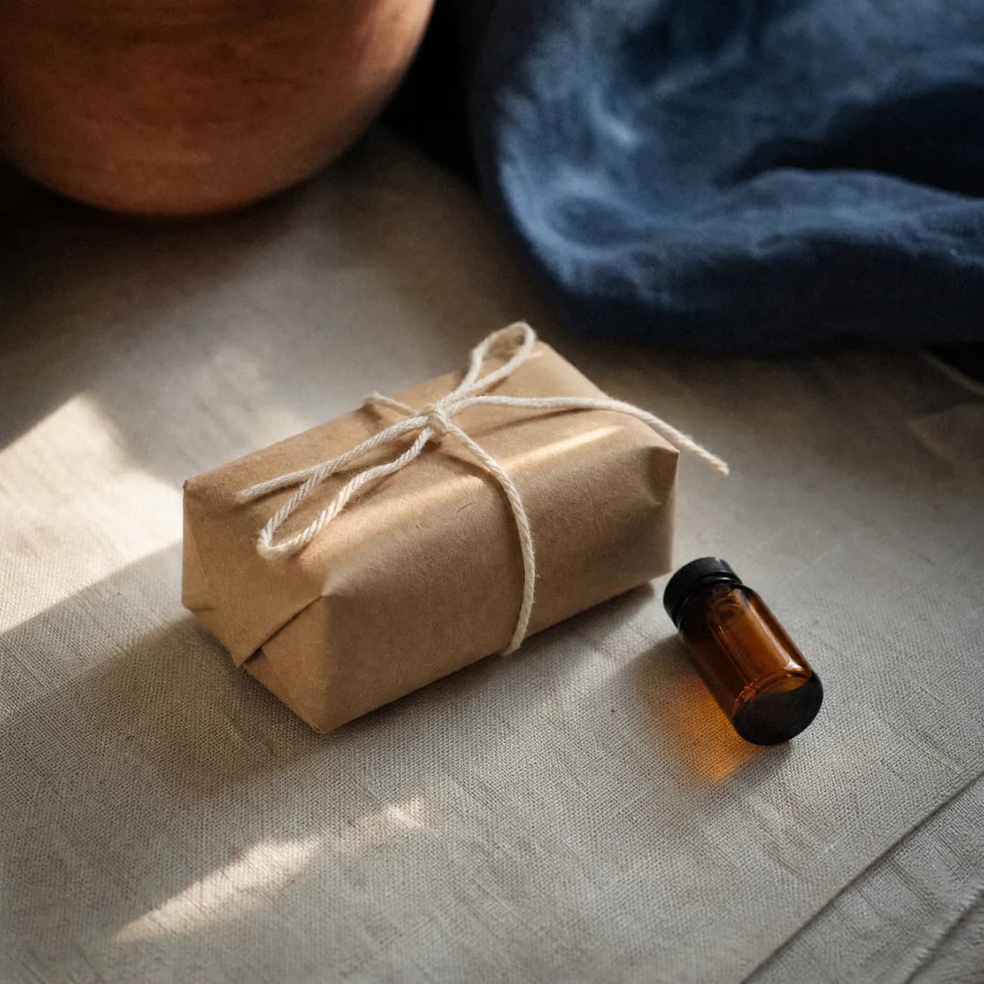 A small kraft paper parcel tied with string beside an amber glass vial