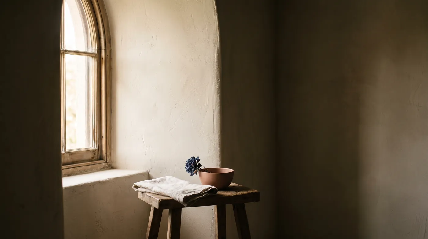Daylight through an arched window falling on a plain plaster wall